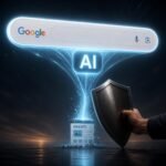 A giant Google search bar with a glowing "AI" icon absorbing a tiny website icon underneath it, with a human hand holding a shield in front of the website.