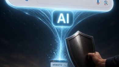 A giant Google search bar with a glowing "AI" icon absorbing a tiny website icon underneath it, with a human hand holding a shield in front of the website.