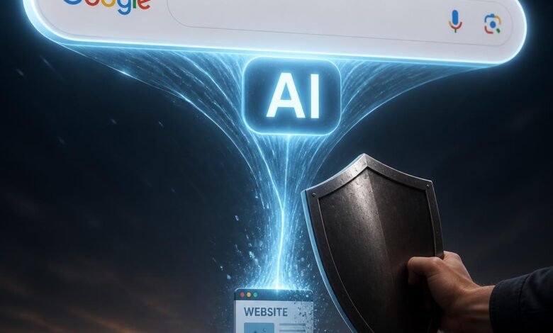A giant Google search bar with a glowing "AI" icon absorbing a tiny website icon underneath it, with a human hand holding a shield in front of the website.