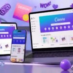 Dynamic creative photo of Canva apps, multiple devices showing Canva interface with vibrant colorful designs, floating design elements and graphics around screens, energetic composition, modern creative workspace, tablet smartphone and laptop
