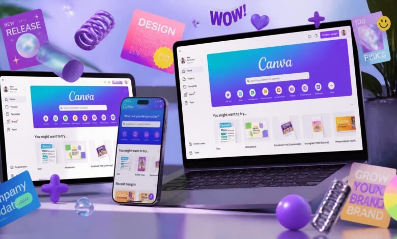 Dynamic creative photo of Canva apps, multiple devices showing Canva interface with vibrant colorful designs, floating design elements and graphics around screens, energetic composition, modern creative workspace, tablet smartphone and laptop