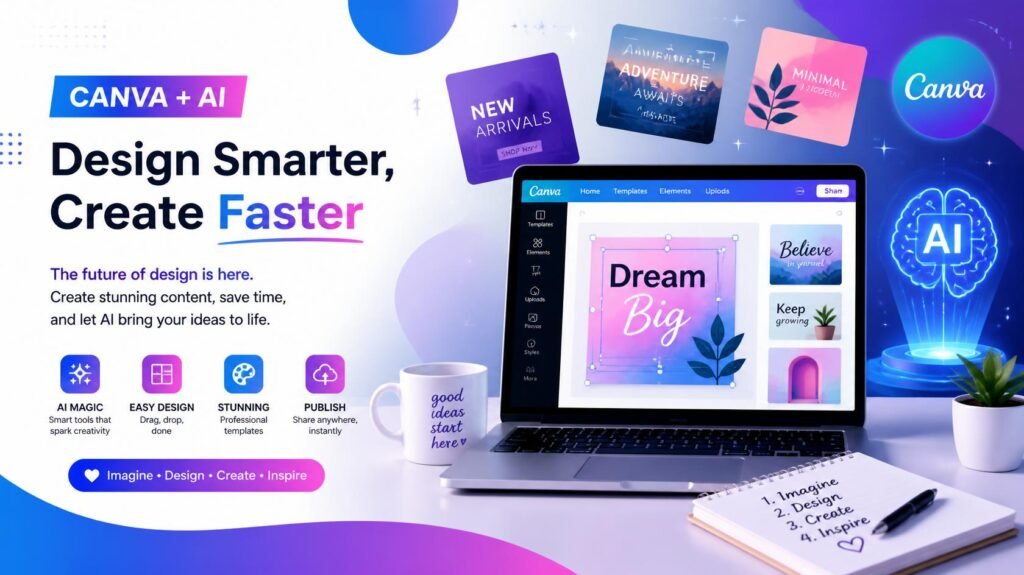 Modern digital workspace with Canva-inspired design elements, colorful AI-generated graphics, floating design templates, laptop screen displaying creative layouts, futuristic artificial intelligence glow, clean professional style, vibrant b