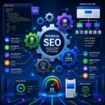 Technical SEO featured image with gears, code symbols, search engine optimization elements, website structure icons, and technical elements