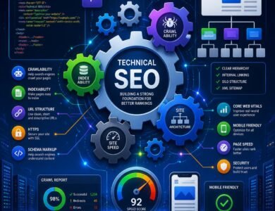 Technical SEO featured image with gears, code symbols, search engine optimization elements, website structure icons, and technical elements