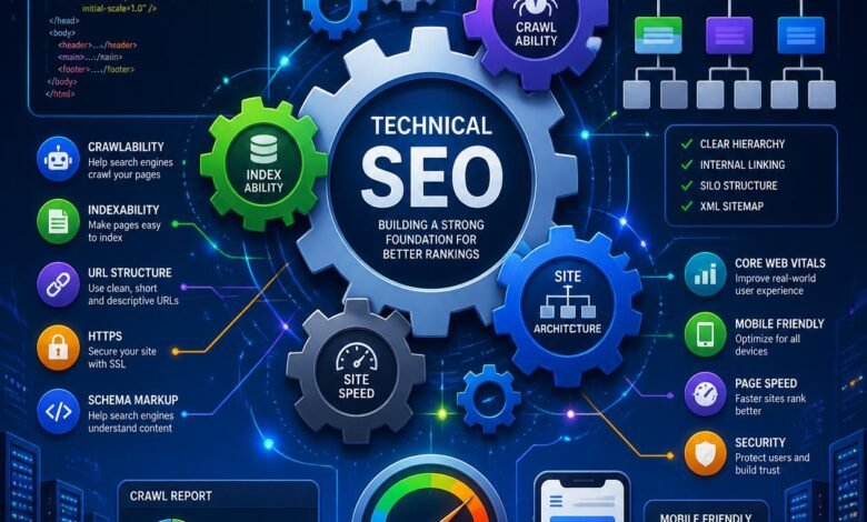 Technical SEO featured image with gears, code symbols, search engine optimization elements, website structure icons, and technical elements