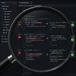 A large magnifying glass zooming into the backend code of a website, with red "error" flags being fixed to green "checkmarks.