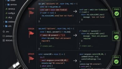A large magnifying glass zooming into the backend code of a website, with red "error" flags being fixed to green "checkmarks.