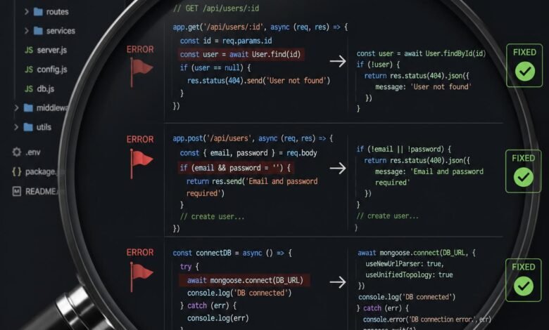 A large magnifying glass zooming into the backend code of a website, with red "error" flags being fixed to green "checkmarks.