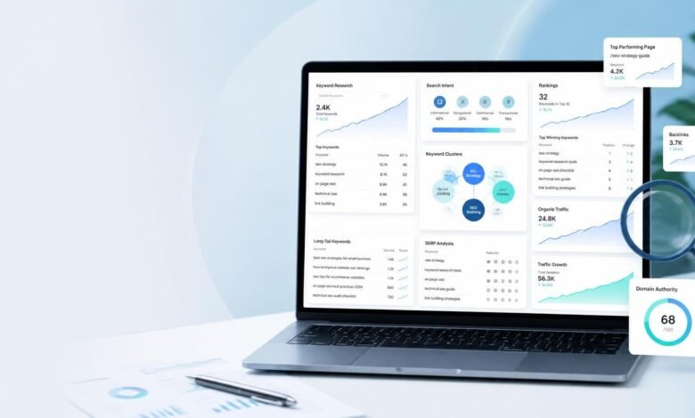 SEO analytics dashboard showing keyword rankings, website traffic, and search engine optimization strategies