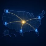 Local SEO for multi-location businesses 2026: Headquarters connected to satellite locations with map pins showing Austin, Dallas, Houston, Miami, and Denver branches.