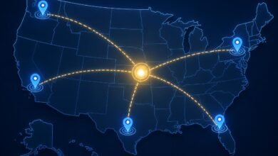 Local SEO for multi-location businesses 2026: Headquarters connected to satellite locations with map pins showing Austin, Dallas, Houston, Miami, and Denver branches.