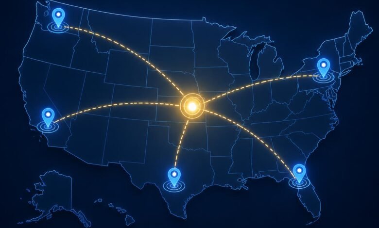 Local SEO for multi-location businesses 2026: Headquarters connected to satellite locations with map pins showing Austin, Dallas, Houston, Miami, and Denver branches.