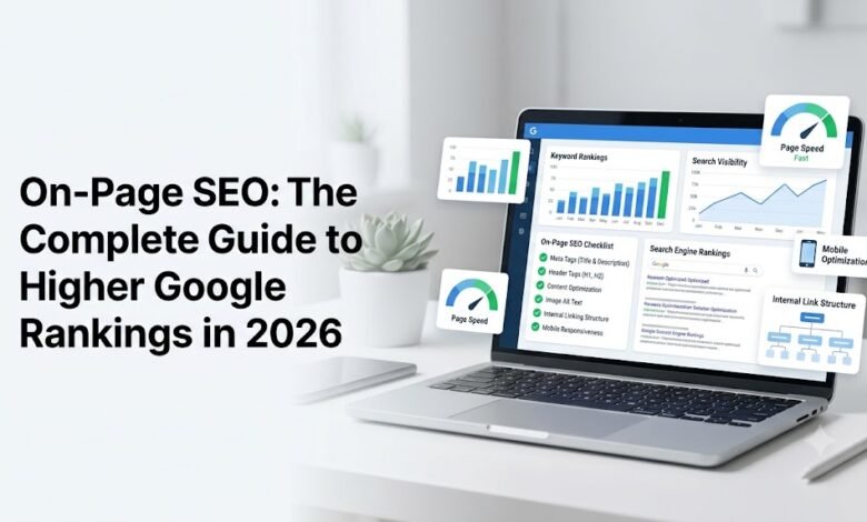 On-Page SEO guide showing website optimization, keyword research, page speed, and search ranking improvements.